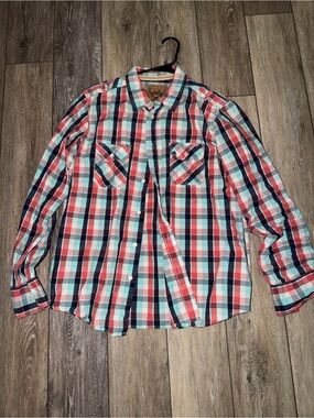Red Camel Men's Red, White & Blue Plaid Button-Down Shirt